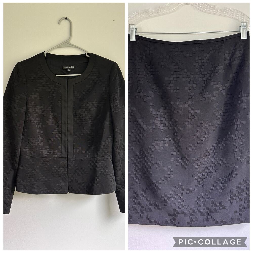Tahari Size 8 Black Wool Blend Skirt Suit Textured Weave Pencil Skirt Lined